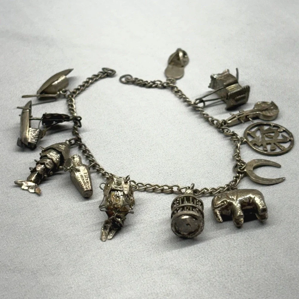 Vintage Chinese Export Silver 12 Charm Bracelet OS Silver Fair Articulated Fish